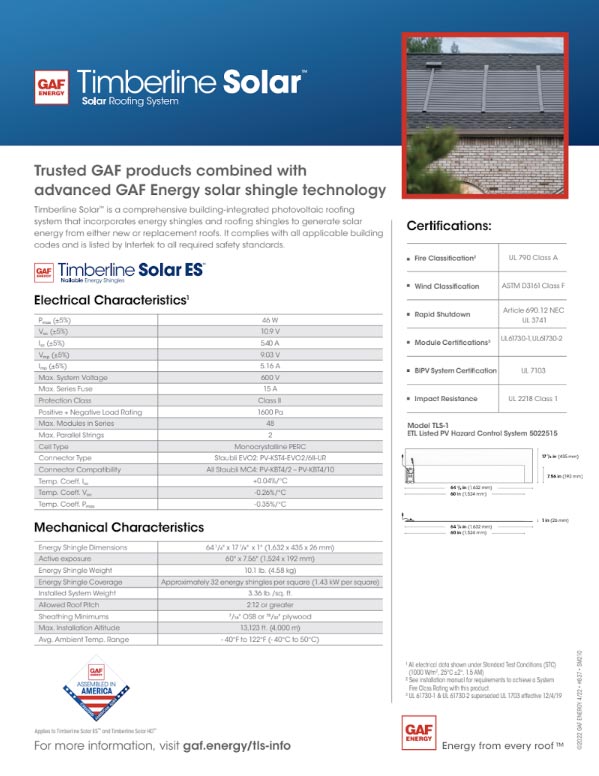 Timberline Solar ETL Datasheet